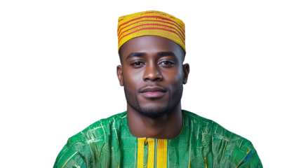 Young man wearing traditional attire with vibrant colors on transparent background