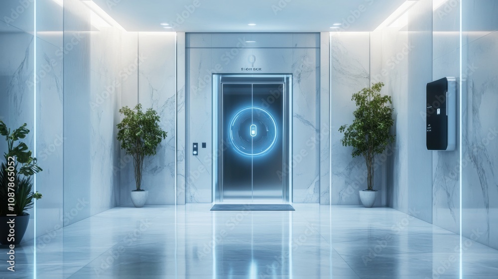 Aufkleber The entrance showcases modern technology with security cameras, motion sensors, and a fingerprint scanner for enhanced safety. Generative AI