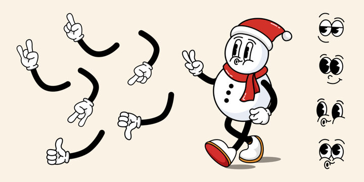 Funny retro cartoon hippie snowman character in a trendy and funky style. Snowman with a set of different emotions and different hand gestures. Set in the style of the 60-70s. Merry Christmas