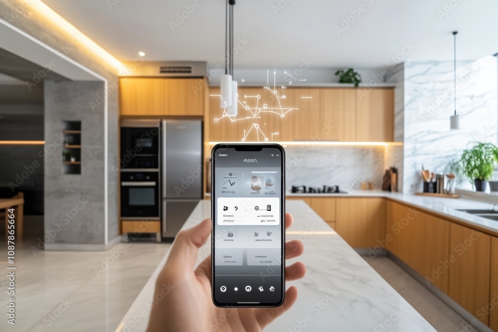 Poster a hand holds a smartphone displaying a smart kitchen interface in a sleek modern kitchen with stylis