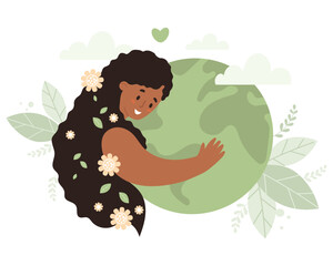Smiling afro american Woman with long hair hugs green planet Earth. Eco friendly  Nature and environmental care. Earth Day. Vector illustration