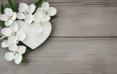 Heart shaped stone surrounded by delicate spring flowers on a wooden surface