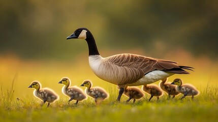 A Canada goose leads her goslings across a grassy field, illustrating family bonds in nature