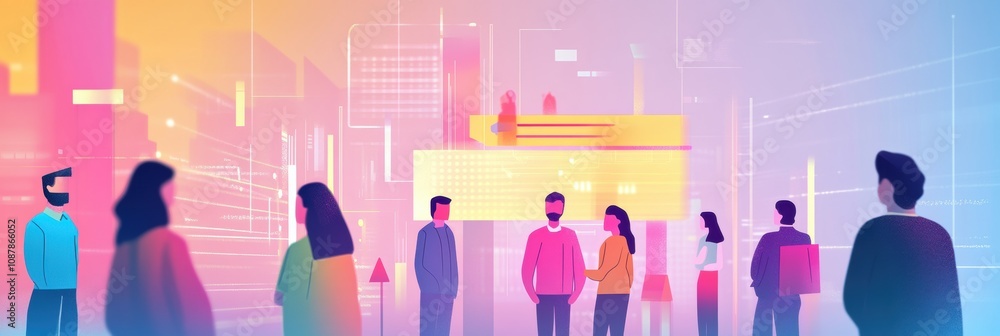 Poster a diverse group stands in front of an abstract ai system, engaging with digital displays in a vibran