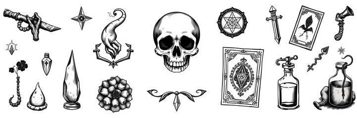 Obraz premium Esoteric witchcraft magical set, hand drawn mystery collection: skull, crystal, tarot cards, potion etc. Vector icons on white background. Generative AI