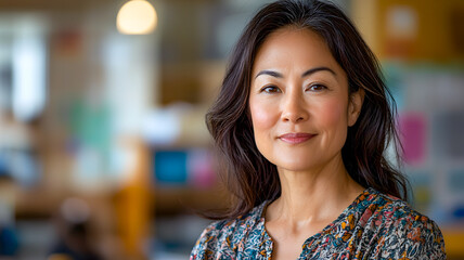 Woman with long hair, smiling gently in soft, natural light. Minimalist fashion, approachable personality, warm indoor setting - Powered by Adobe