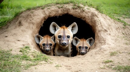 Fototapeta premium Three curious hyenas peeking out from their den, highlighting their unique features and natural habitat