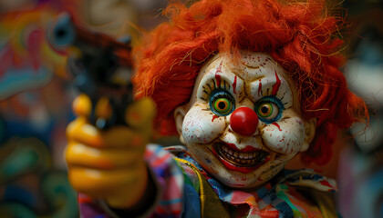 smiling clown doll looks into the camera with a gun raised up in her hand