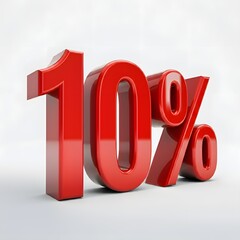 Vibrant 3D image of bold, glossy red text showing '10%' on a pure white background. The text features a sleek and modern design, with reflective and hyper-realistic details ideal for promotional and m