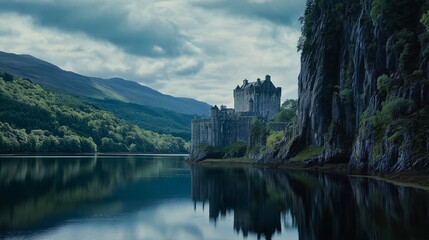Fototapeta premium Medieval Scottish Fortress Nestled Between Cliffs and Calm Waters