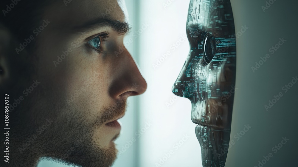 Poster a person closely examines their reflection in a digital mirror displaying a robot hybrid, evoking th