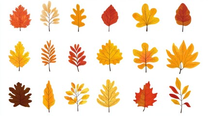 Fototapeta premium Set of autumn leaves from different trees, oak, maple, chestnut. Simple, yellow, red, orange fall leaf set for pattern, banner, sticker, Hello autumn card. Flat vector