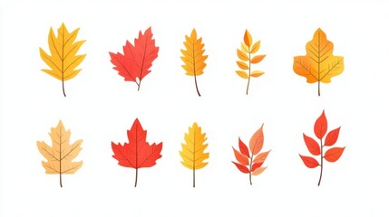 Set of autumn leaves from different trees, oak, maple, chestnut. Simple, yellow, red, orange fall leaf set for pattern, banner, sticker, Hello autumn card. Flat vector
