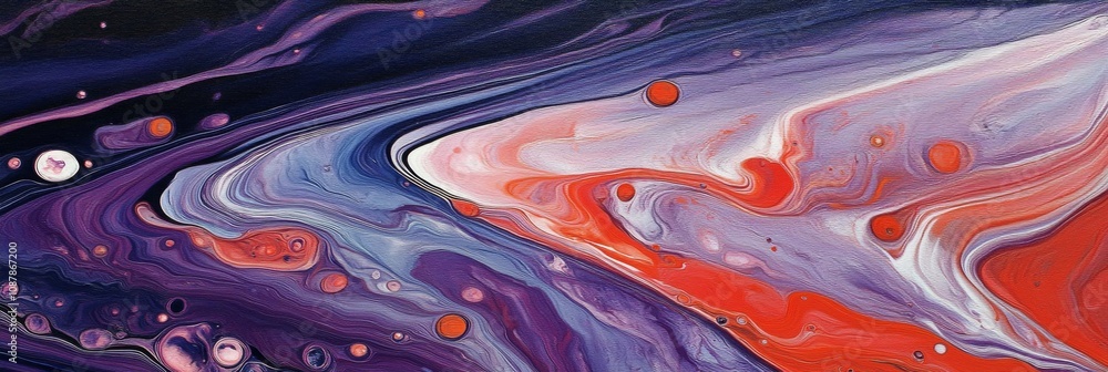 Poster abstract swirling patterns in vibrant purple and red colors that create an artistic fluid texture