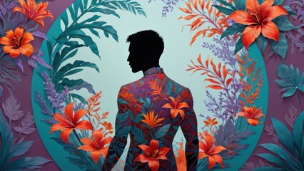 Silhouette of a Man Surrounded by Vibrant Tropical Flowers and Leaves