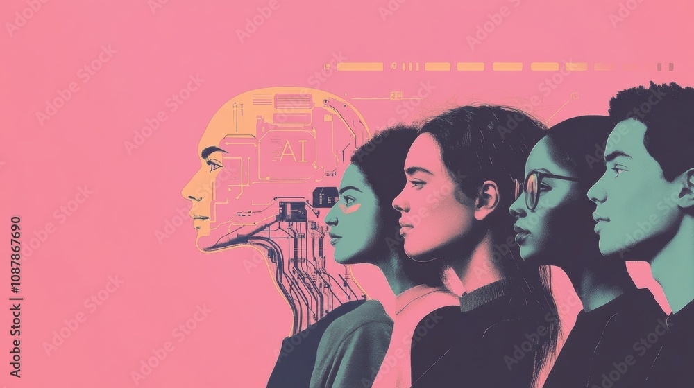 Poster a diverse group of people engages with an abstract ai representation at a technology event, showcasi