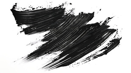 a bold, black paint stroke with a textured appearance. The brushstroke has a dynamic, irregular shape, displaying variations in thickness and opacity