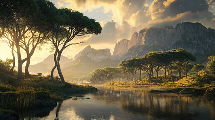 Fototapeta premium the cuntry, generative ai, landscape, architecture, curtoone, chasny house, background, art nouveau, city, skyline, skyscraper, building, water, lake, nature, autumn, river, sky, tree, reflection, 