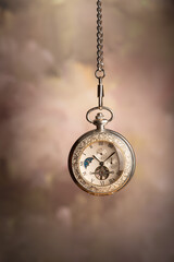 Pocket watch, beautiful pocket watch hanging by the chain, abstract background, selective focus.