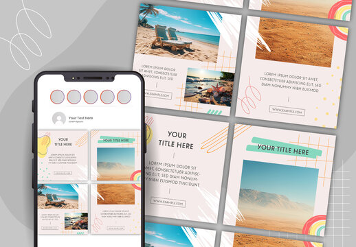 Colorful Summer Vacation Travel Social Media Post Templates