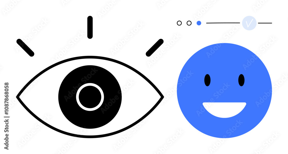 Poster black eye, blue smiling face, progress indicator with circles and a checkmark. ideal for user experi