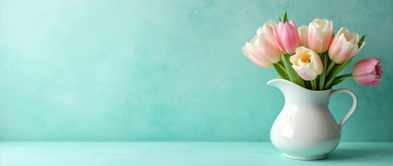 Obraz premium Pink and white tulips in white pitcher against green background with copy space