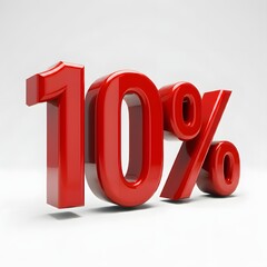 Vibrant 3D image of bold, glossy red text showing '10%' on a pure white background. The text features a sleek and modern design, with reflective and hyper-realistic details ideal for promotional and m