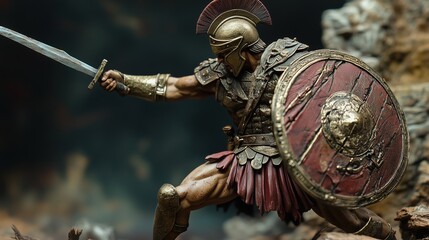 A Spartan soldier is poised in battle, wielding a sword and shield, showcasing the strength and bravery of ancient warriors