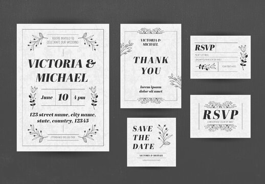 Black and White Elegant Floral Wedding Invitation Template Set