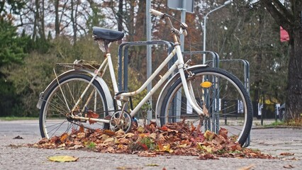 Fototapeta premium Old Rusty Abandoned Bicycle Covered in Withered Leaves Parked By Bike Stand at City Street