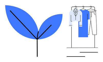 Green plant leaf symbolizing sustainability alongside clothing rack with shirts and pants. Ideal for eco-friendly fashion, sustainability efforts, retail, marketing, environmental awareness