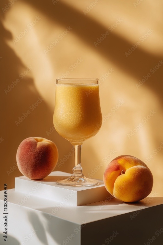 Poster refreshing peach smoothie in a glass with fresh peaches on a minimalistic table setting