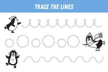 Tracing lines for kids. Christmas page with penguin. Handwriting practice. Educational game for kids . Activity page. Vector