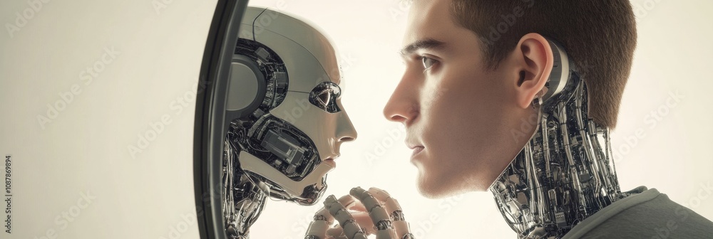 Aufkleber a person gazes into a digital mirror encountering a robotic version of themselves, reflecting themes