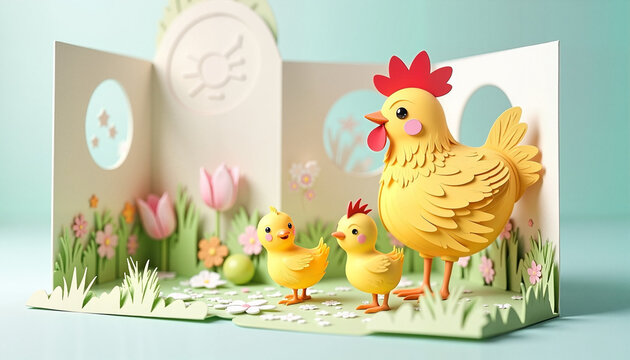 A whimsical 3D fold out Easter card with intricate die cutting and layered details. Cheerful mother hen and her two chicks in a colorful spring pop-up card scene with flowers and sunny decor