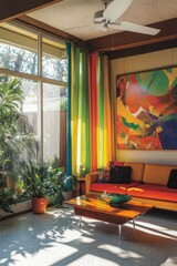 Bright and modern living room with colorful curtains and contemporary art in a sunny setting