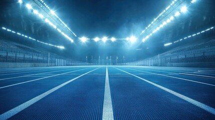 A wide shot of a Paralympic athletics arena, with modern facilities and bright stadium lights, conveying inspiration and determination for a commercial poster