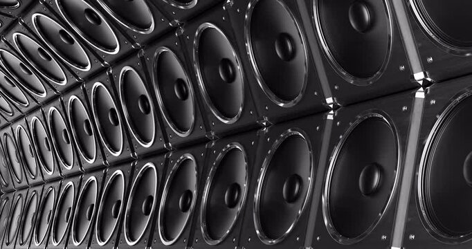 Background from black loudspeakers rotation animation, seamlessly loopable. 3D rendering