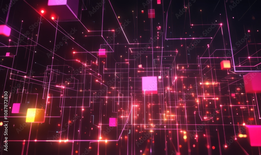 Poster abstract digital network with glowing cubes and lines