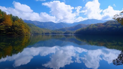 Calm, blue lake reflecting the sky and mountains with fall foliage.