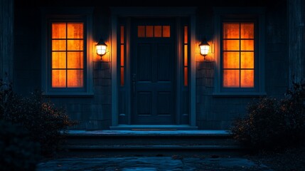 Fototapeta premium Welcoming front door with warm lighting in cozy suburban home at dusk