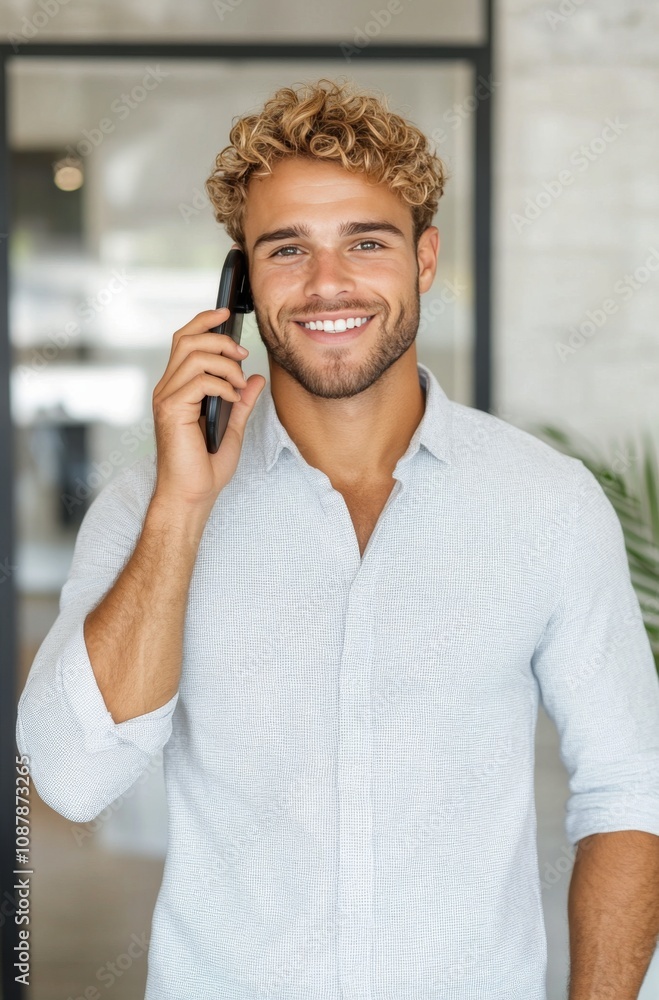 Poster young man smiling while talking on a smartphone in a modern office setting during the day