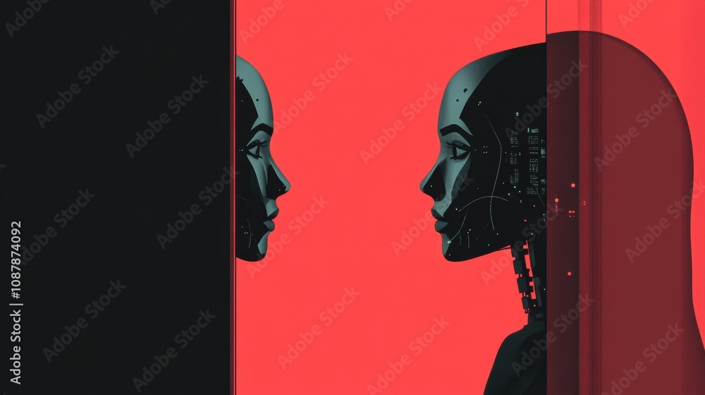 Poster a person is looking at a digital reflection in a mirror, revealing an ai or robotic counterpart agai