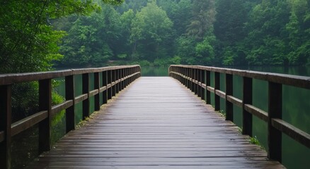 Fototapeta premium Wooden bridge extending over calm water surrounded by lush trees on a misty day