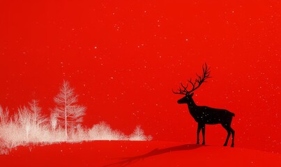 Black reindeer silhouette against a red snowy landscape