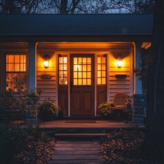 Welcoming front door with warm lighting in cozy suburban home at dusk