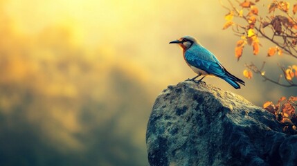Fototapeta premium Serene Sunset: A Blue Bird on a Rock