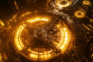 Obraz premium Large gear mechanism background. Metal parts, wheels, clock mechanism. Gears. Bright style with glow. Generated with AI.