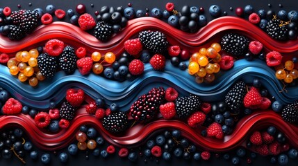 Colorful berry mix arranged on wavy red and blue background.