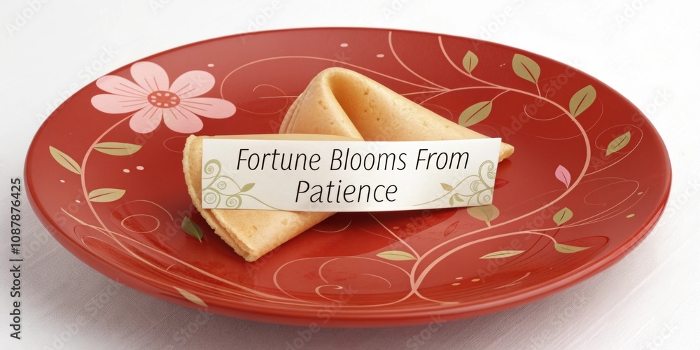 Poster illustration 12 a fortune cookie p on a vibrant red plate with a message inside reading fortune bloo